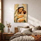 Classic devotional illustration of Mary holding the infant Jesus in a tender embrace, portraying the Madonna and Child with gentle expressions, Mary draped in flowing blue robes with a soft halo while baby Jesus rests in her arms, rendered in warm antique tones with delicate shading and a traditional Catholic sacred family composition.