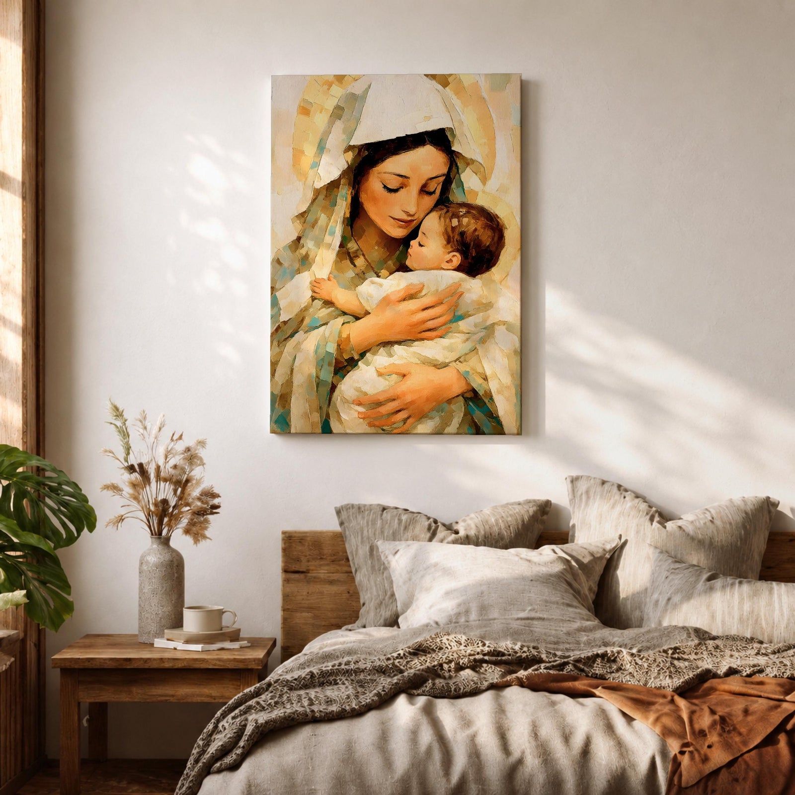 Classic devotional illustration of Mary holding the infant Jesus in a tender embrace, portraying the Madonna and Child with gentle expressions, Mary draped in flowing blue robes with a soft halo while baby Jesus rests in her arms, rendered in warm antique tones with delicate shading and a traditional Catholic sacred family composition.