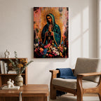 A devotional depiction of La Virgen Morena as Our Lady of Guadalupe standing with hands clasped in prayer, wearing a rose colored gown and a teal mantle covered in gold stars, surrounded by radiant golden rays and standing above a crescent moon with an angel beneath, framed by floral elements in a Mexican Catholic style.