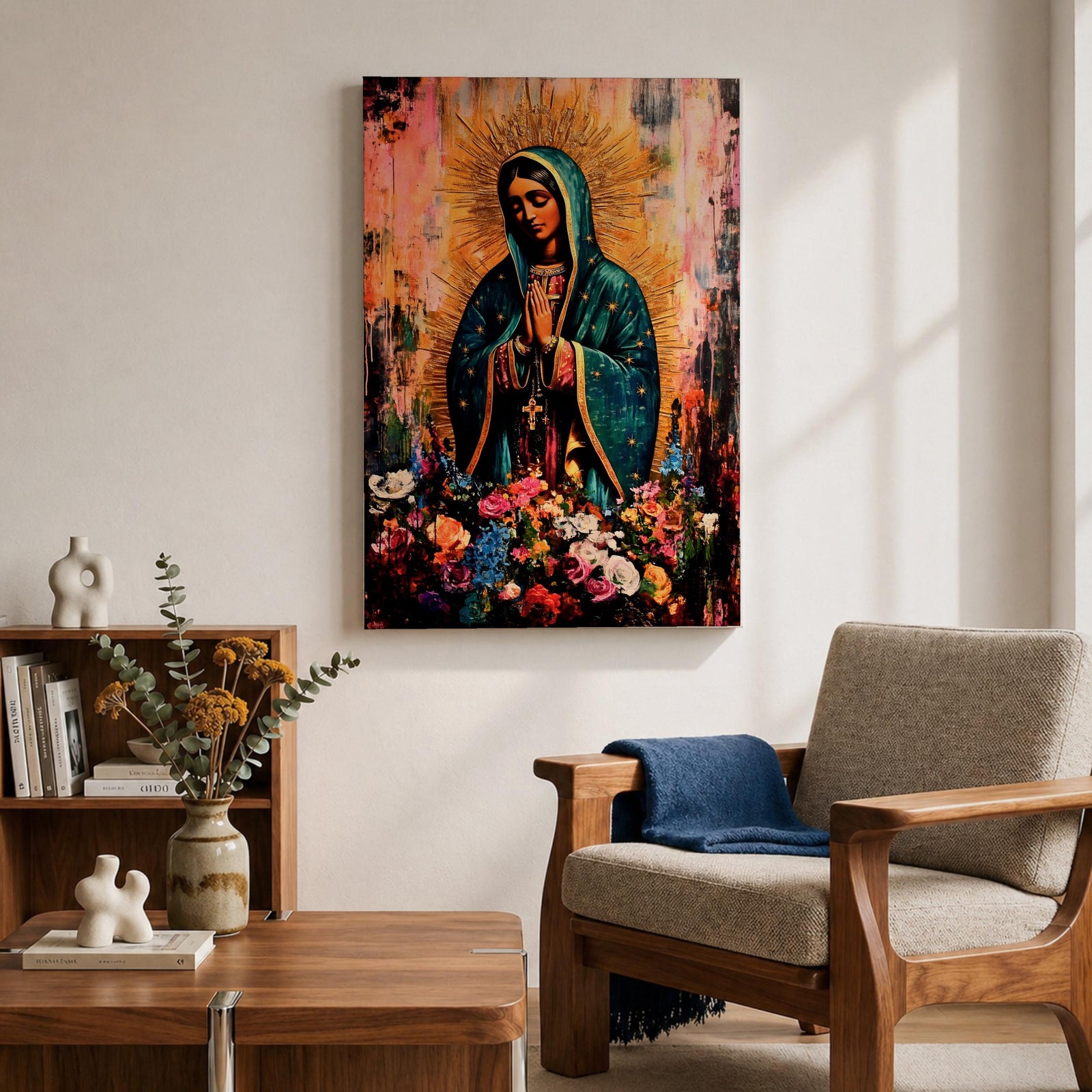 A devotional depiction of La Virgen Morena as Our Lady of Guadalupe standing with hands clasped in prayer, wearing a rose colored gown and a teal mantle covered in gold stars, surrounded by radiant golden rays and standing above a crescent moon with an angel beneath, framed by floral elements in a Mexican Catholic style.