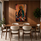 A devotional depiction of La Virgen Morena as Our Lady of Guadalupe standing with hands clasped in prayer, wearing a rose colored gown and a teal mantle covered in gold stars, surrounded by radiant golden rays and standing above a crescent moon with an angel beneath, framed by floral elements in a Mexican Catholic style.