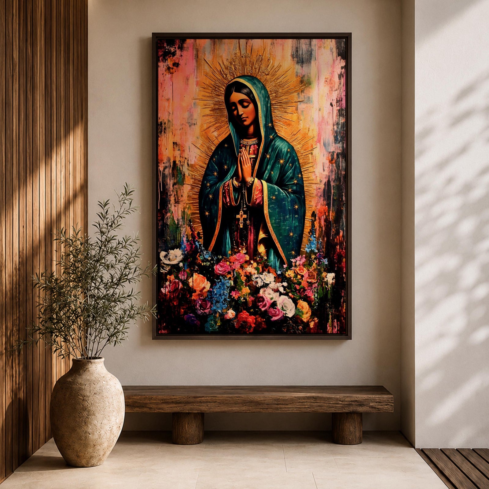 A devotional depiction of La Virgen Morena as Our Lady of Guadalupe standing with hands clasped in prayer, wearing a rose colored gown and a teal mantle covered in gold stars, surrounded by radiant golden rays and standing above a crescent moon with an angel beneath, framed by floral elements in a Mexican Catholic style.