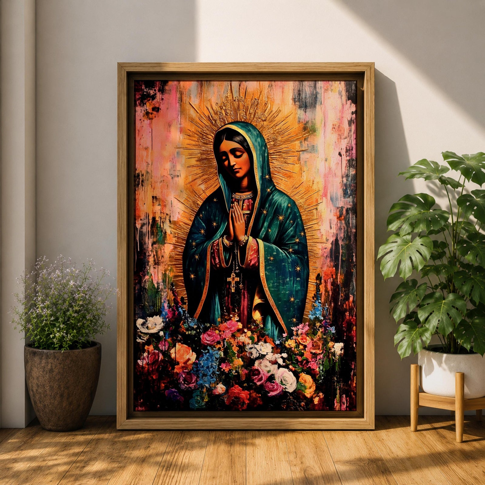 A devotional depiction of La Virgen Morena as Our Lady of Guadalupe standing with hands clasped in prayer, wearing a rose colored gown and a teal mantle covered in gold stars, surrounded by radiant golden rays and standing above a crescent moon with an angel beneath, framed by floral elements in a Mexican Catholic style.