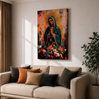 A devotional depiction of La Virgen Morena as Our Lady of Guadalupe standing with hands clasped in prayer, wearing a rose colored gown and a teal mantle covered in gold stars, surrounded by radiant golden rays and standing above a crescent moon with an angel beneath, framed by floral elements in a Mexican Catholic style.