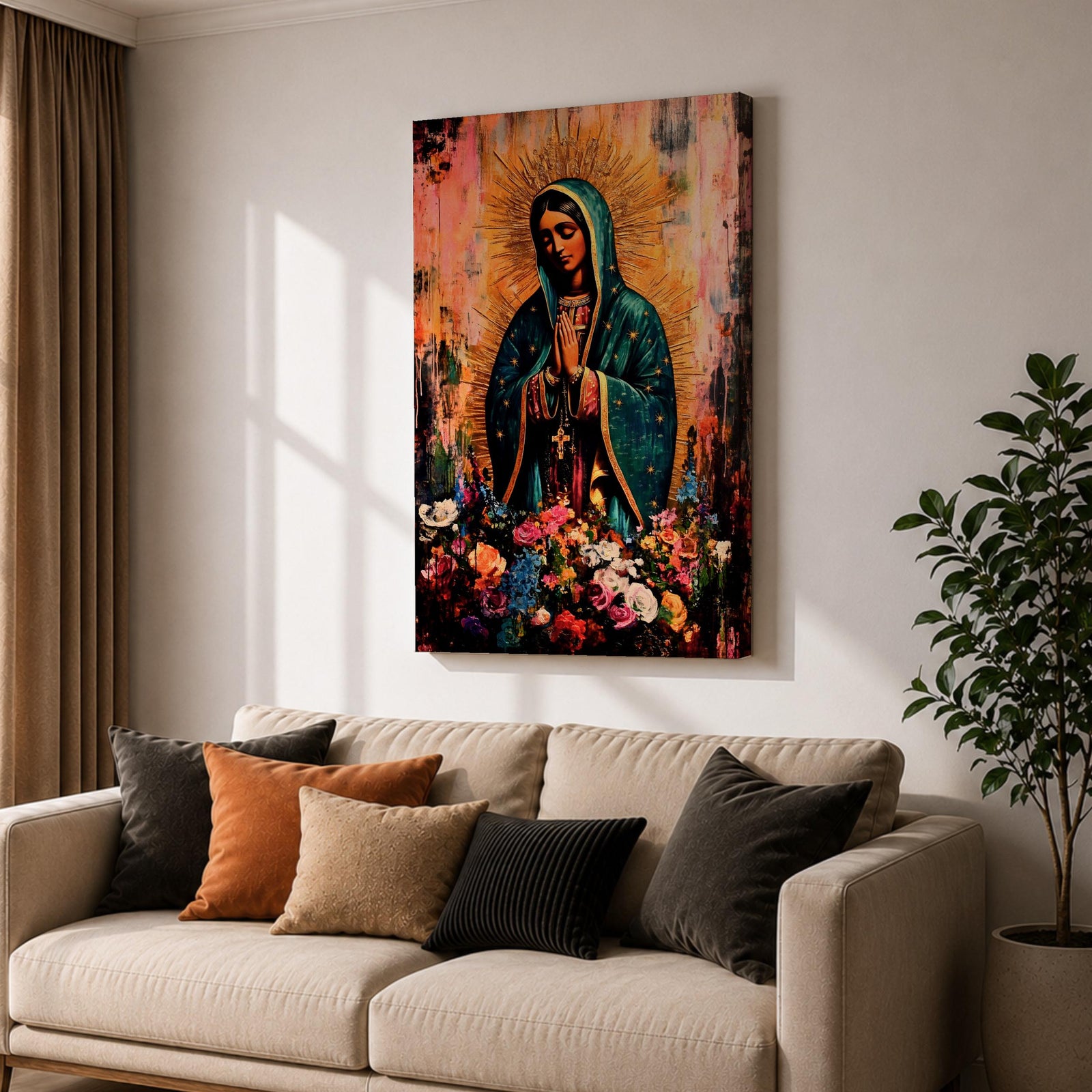 A devotional depiction of La Virgen Morena as Our Lady of Guadalupe standing with hands clasped in prayer, wearing a rose colored gown and a teal mantle covered in gold stars, surrounded by radiant golden rays and standing above a crescent moon with an angel beneath, framed by floral elements in a Mexican Catholic style.
