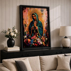 A devotional depiction of La Virgen Morena as Our Lady of Guadalupe standing with hands clasped in prayer, wearing a rose colored gown and a teal mantle covered in gold stars, surrounded by radiant golden rays and standing above a crescent moon with an angel beneath, framed by floral elements in a Mexican Catholic style.