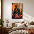 A devotional depiction of La Virgen Morena as Our Lady of Guadalupe standing with hands clasped in prayer, wearing a rose colored gown and a teal mantle covered in gold stars, surrounded by radiant golden rays and standing above a crescent moon with an angel beneath, framed by floral elements in a Mexican Catholic style.