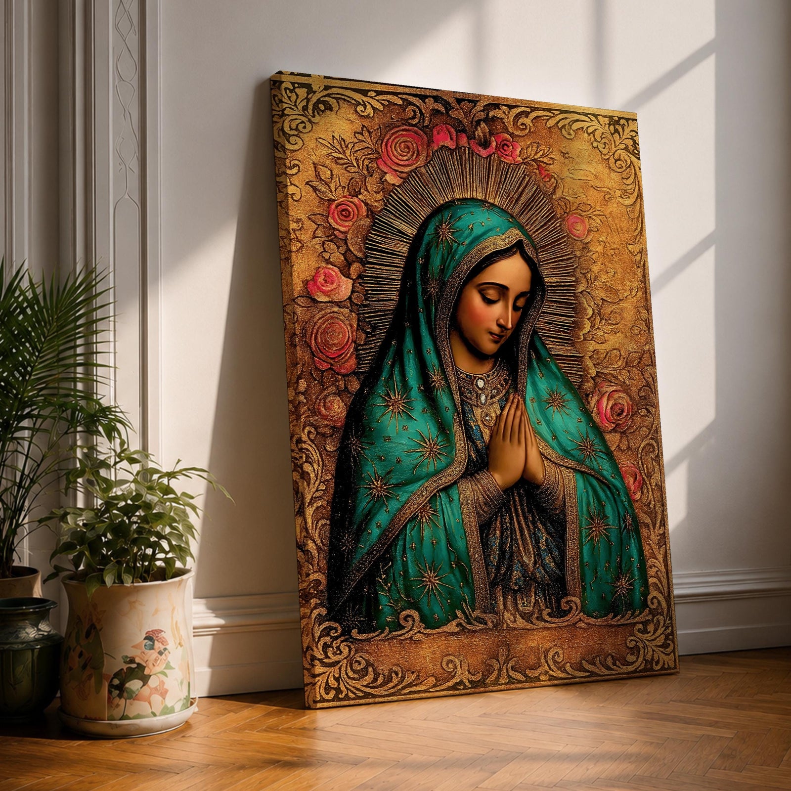A vintage devotional depiction of Our Lady of Guadalupe standing with hands clasped in prayer, wearing a rose colored gown and a teal mantle filled with gold stars, surrounded by radiant golden rays and standing above a crescent moon with an angel beneath, rendered in a classic Mexican Catholic style with aged tones.