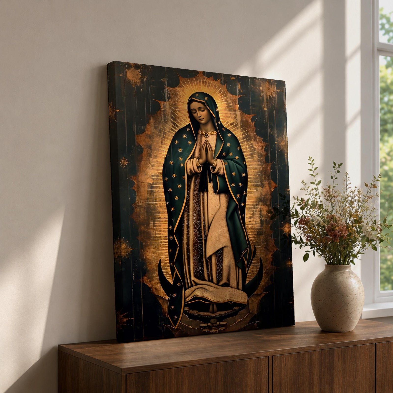 Vintage devotional illustration of Our Lady of Guadalupe shown standing with hands clasped in prayer, wearing a rose colored gown and a star covered teal mantle surrounded by radiant golden rays, supported by a small angel below, rendered in warm antique tones with delicate shading and a traditional Catholic sacred icon composition.