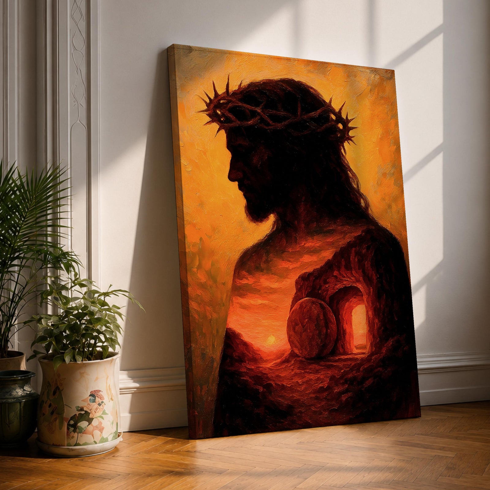 Vintage style illustration of the silhouette of Jesus Christ standing with arms slightly extended, symbolizing the resurrection, with radiant light forming a glowing halo behind his figure, rendered in muted antique tones with soft gradients and a classic Christian devotional composition centered on the risen Savior.