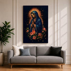 Illustration of Our Lady of Guadalupe standing with hands clasped in prayer, wearing a rose colored gown and star covered teal mantle surrounded by radiant golden rays, framed by decorative floral elements, rendered in warm tones with soft shading in a modern devotional style inspired by traditional Mexican Catholic imagery.