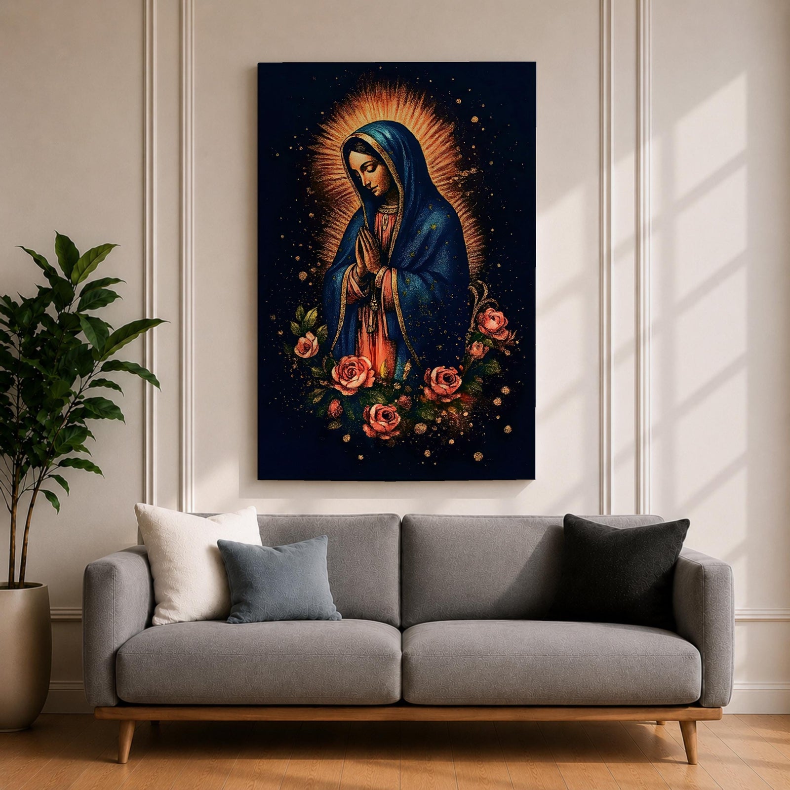 Illustration of Our Lady of Guadalupe standing with hands clasped in prayer, wearing a rose colored gown and star covered teal mantle surrounded by radiant golden rays, framed by decorative floral elements, rendered in warm tones with soft shading in a modern devotional style inspired by traditional Mexican Catholic imagery.