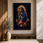 Illustration of Our Lady of Guadalupe standing with hands clasped in prayer, wearing a rose colored gown and star covered teal mantle surrounded by radiant golden rays, framed by decorative floral elements, rendered in warm tones with soft shading in a modern devotional style inspired by traditional Mexican Catholic imagery.