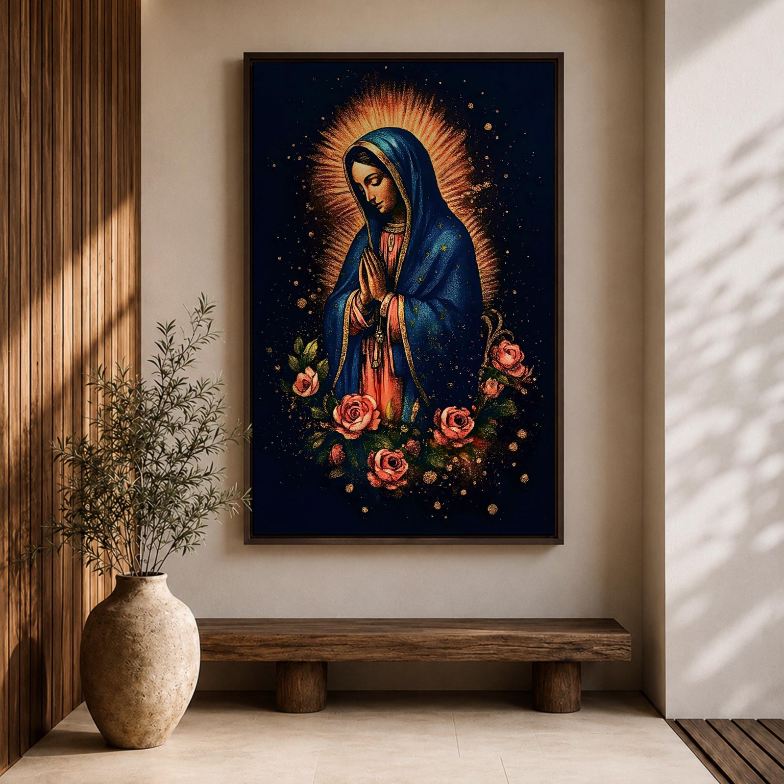 Illustration of Our Lady of Guadalupe standing with hands clasped in prayer, wearing a rose colored gown and star covered teal mantle surrounded by radiant golden rays, framed by decorative floral elements, rendered in warm tones with soft shading in a modern devotional style inspired by traditional Mexican Catholic imagery.