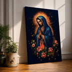 Illustration of Our Lady of Guadalupe standing with hands clasped in prayer, wearing a rose colored gown and star covered teal mantle surrounded by radiant golden rays, framed by decorative floral elements, rendered in warm tones with soft shading in a modern devotional style inspired by traditional Mexican Catholic imagery.