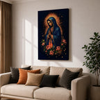 Illustration of Our Lady of Guadalupe standing with hands clasped in prayer, wearing a rose colored gown and star covered teal mantle surrounded by radiant golden rays, framed by decorative floral elements, rendered in warm tones with soft shading in a modern devotional style inspired by traditional Mexican Catholic imagery.