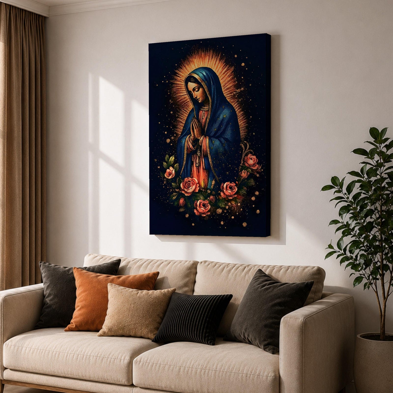 Illustration of Our Lady of Guadalupe standing with hands clasped in prayer, wearing a rose colored gown and star covered teal mantle surrounded by radiant golden rays, framed by decorative floral elements, rendered in warm tones with soft shading in a modern devotional style inspired by traditional Mexican Catholic imagery.