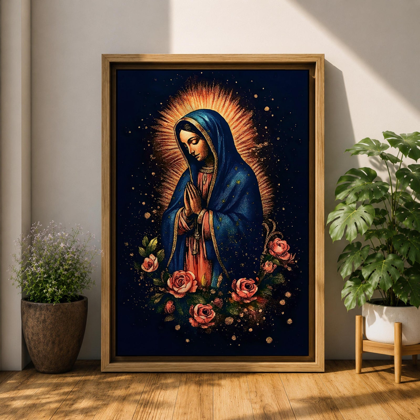 Illustration of Our Lady of Guadalupe standing with hands clasped in prayer, wearing a rose colored gown and star covered teal mantle surrounded by radiant golden rays, framed by decorative floral elements, rendered in warm tones with soft shading in a modern devotional style inspired by traditional Mexican Catholic imagery.
