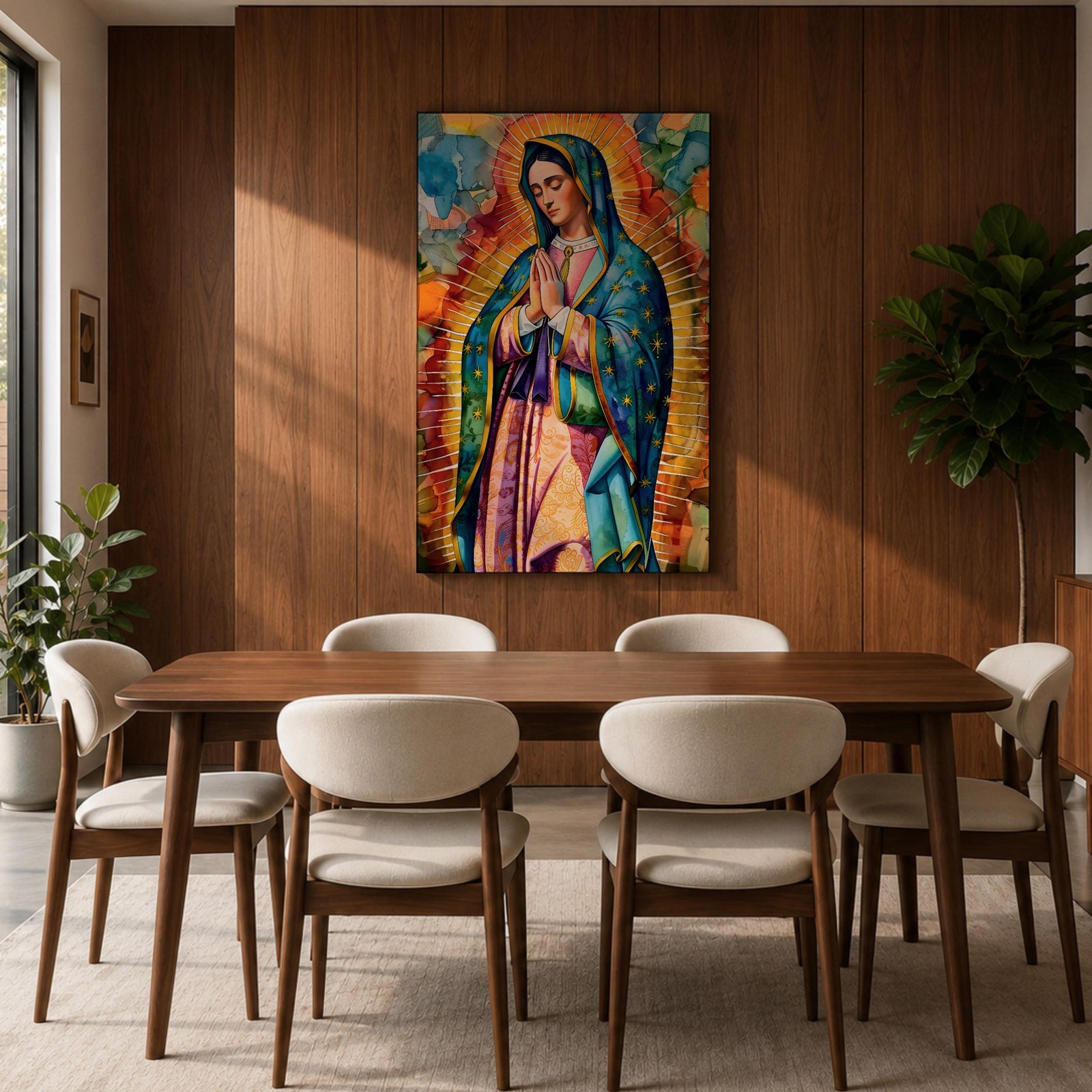 A vibrant stained glass style portrait of Our Lady of Guadalupe featuring her traditional blue mantle with stars and hands clasped in prayer, surrounded by radiant golden rays and colorful abstract background elements, capturing the iconic Mexican Marian apparition in a modern decorative format.