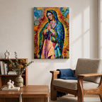 A vibrant stained glass style portrait of Our Lady of Guadalupe featuring her traditional blue mantle with stars and hands clasped in prayer, surrounded by radiant golden rays and colorful abstract background elements, capturing the iconic Mexican Marian apparition in a modern decorative format.