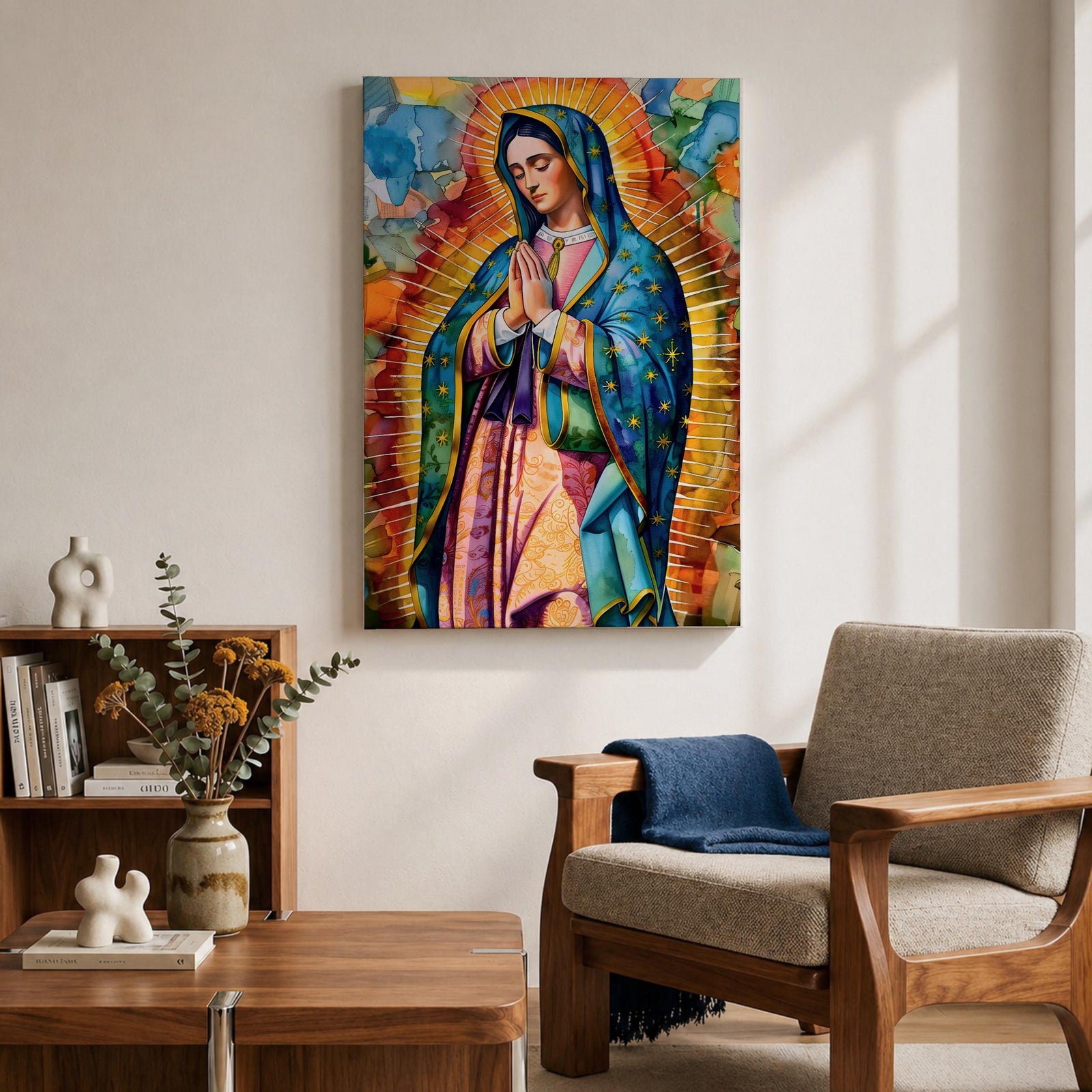 A vibrant stained glass style portrait of Our Lady of Guadalupe featuring her traditional blue mantle with stars and hands clasped in prayer, surrounded by radiant golden rays and colorful abstract background elements, capturing the iconic Mexican Marian apparition in a modern decorative format.