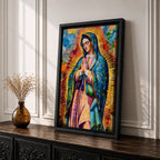 A vibrant stained glass style portrait of Our Lady of Guadalupe featuring her traditional blue mantle with stars and hands clasped in prayer, surrounded by radiant golden rays and colorful abstract background elements, capturing the iconic Mexican Marian apparition in a modern decorative format.