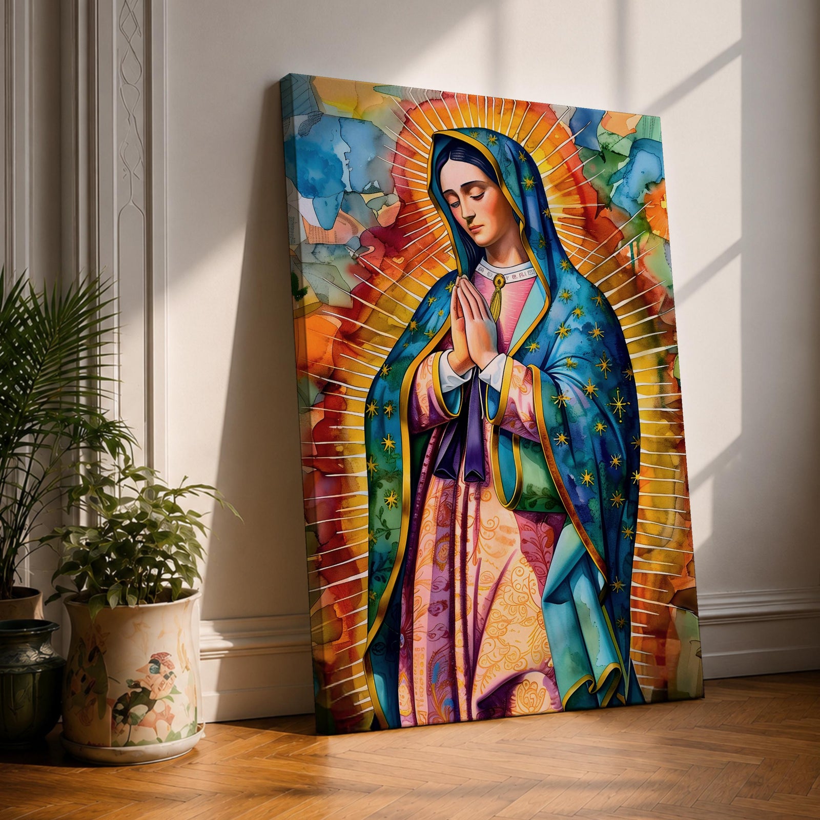A vibrant stained glass style portrait of Our Lady of Guadalupe featuring her traditional blue mantle with stars and hands clasped in prayer, surrounded by radiant golden rays and colorful abstract background elements, capturing the iconic Mexican Marian apparition in a modern decorative format.