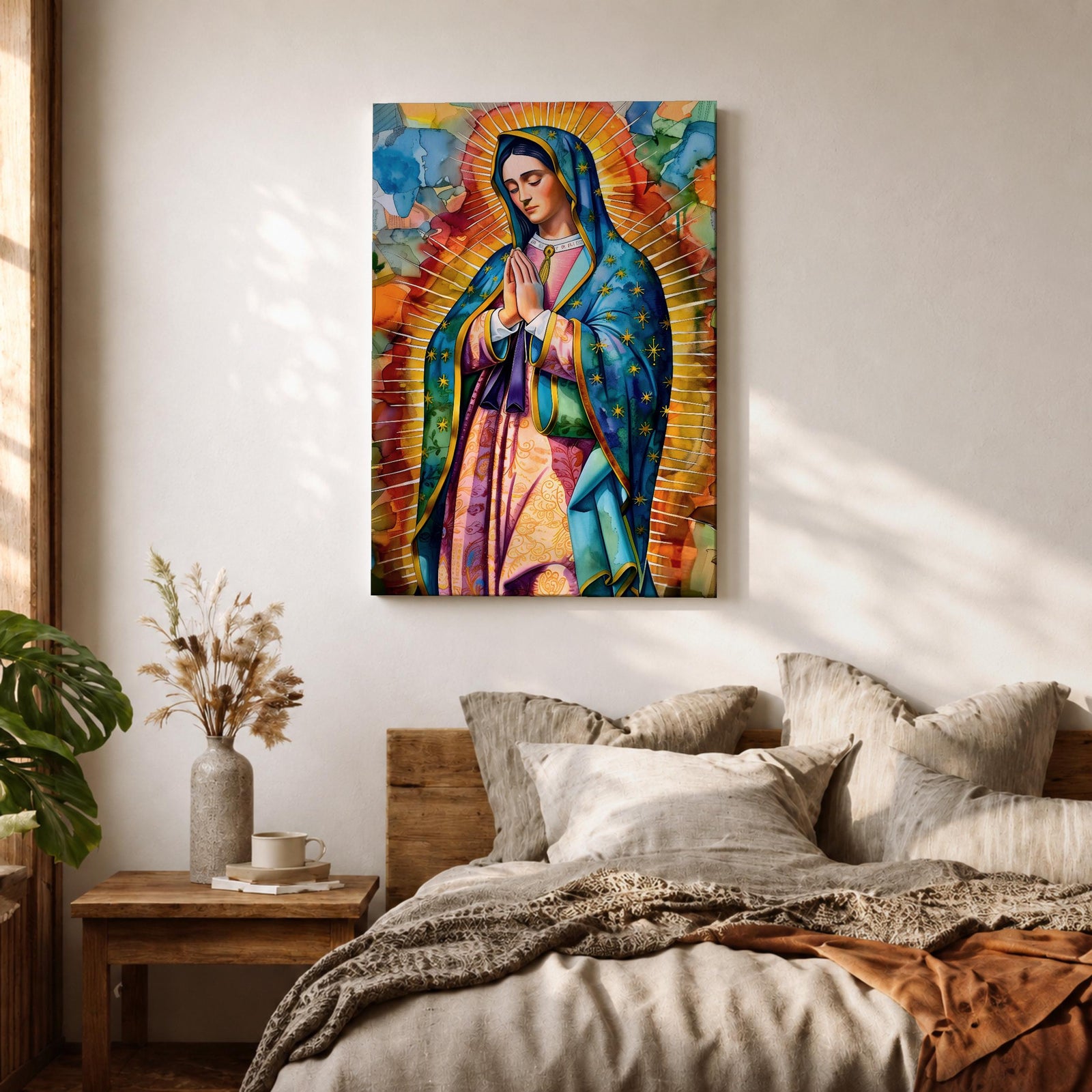 A vibrant stained glass style portrait of Our Lady of Guadalupe featuring her traditional blue mantle with stars and hands clasped in prayer, surrounded by radiant golden rays and colorful abstract background elements, capturing the iconic Mexican Marian apparition in a modern decorative format.
