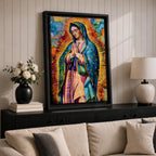 A vibrant stained glass style portrait of Our Lady of Guadalupe featuring her traditional blue mantle with stars and hands clasped in prayer, surrounded by radiant golden rays and colorful abstract background elements, capturing the iconic Mexican Marian apparition in a modern decorative format.