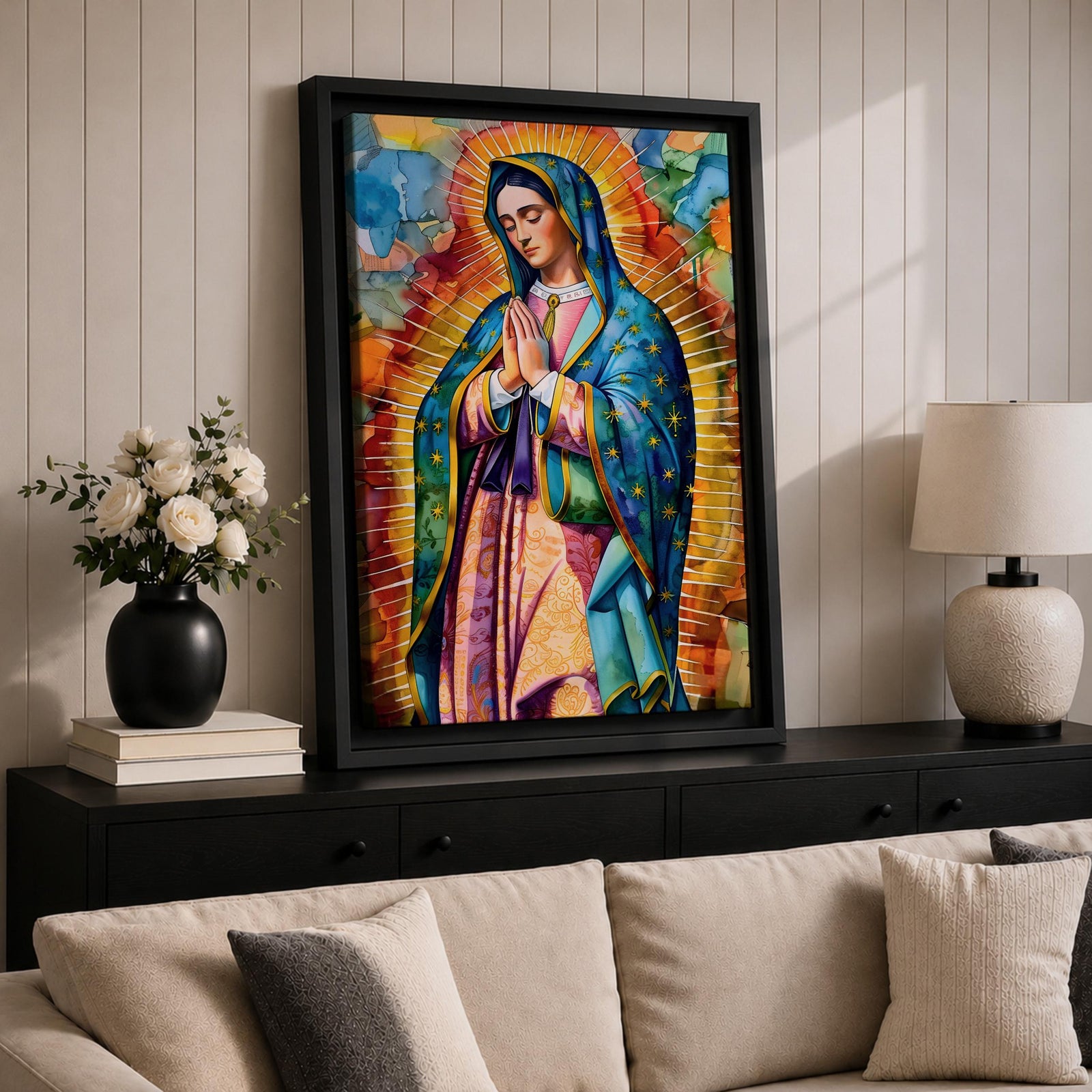 A vibrant stained glass style portrait of Our Lady of Guadalupe featuring her traditional blue mantle with stars and hands clasped in prayer, surrounded by radiant golden rays and colorful abstract background elements, capturing the iconic Mexican Marian apparition in a modern decorative format.
