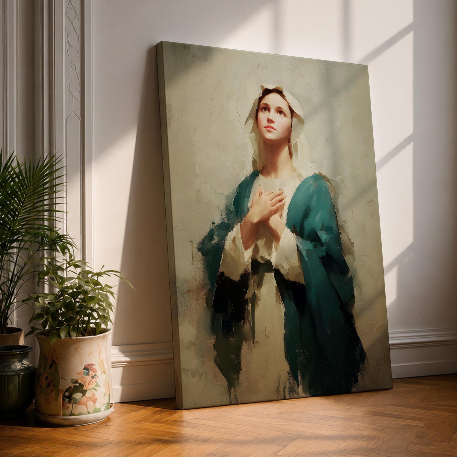 Vintage style illustration of the Virgin Mary shown praying with hands gently clasped and head bowed, wearing flowing blue and cream robes with a soft halo surrounding her head, rendered in muted antique tones with delicate shading and a traditional devotional composition inspired by classic Catholic Madonna imagery.