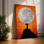 Illustration of Christ the Redeemer statue standing atop Corcovado mountain in Rio de Janeiro with arms outstretched, overlooking the landscape as warm sunset light fills the sky behind the monumental figure, rendered with soft shading and glowing tones in a devotional composition centered on the iconic Brazilian Catholic landmark.