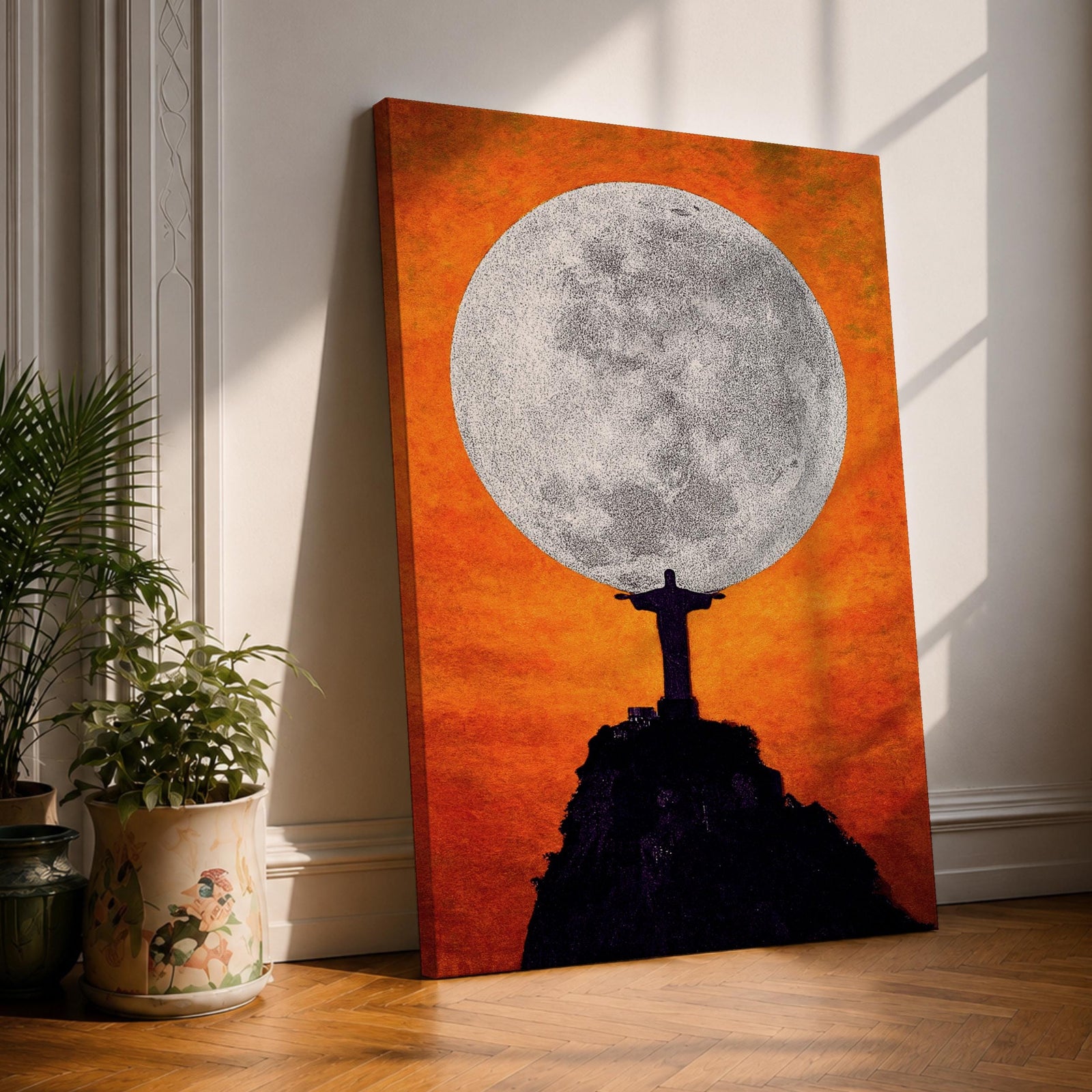 Illustration of Christ the Redeemer statue standing atop Corcovado mountain in Rio de Janeiro with arms outstretched, overlooking the landscape as warm sunset light fills the sky behind the monumental figure, rendered with soft shading and glowing tones in a devotional composition centered on the iconic Brazilian Catholic landmark.