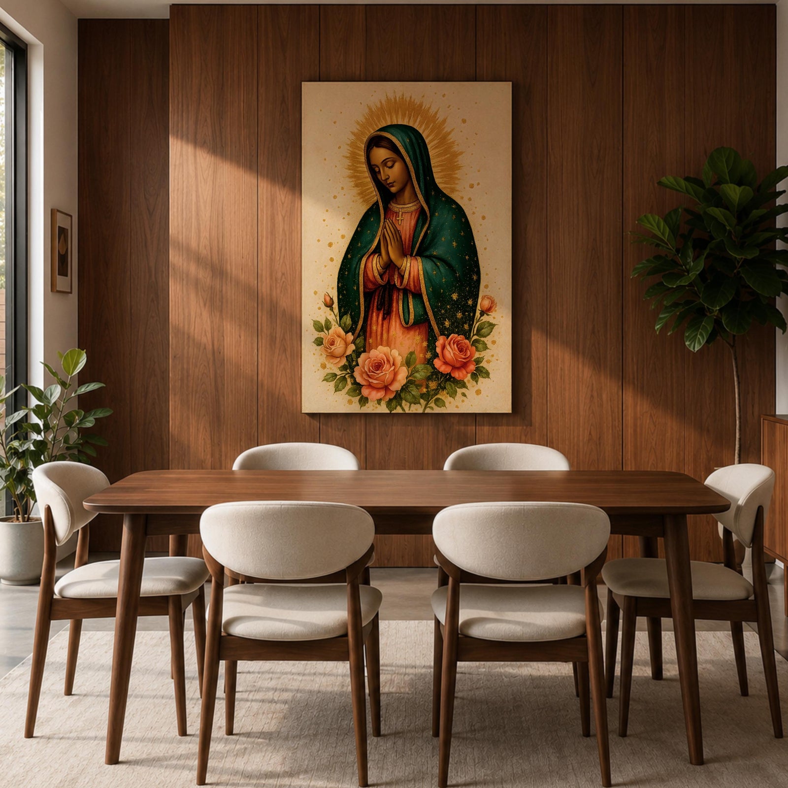 Traditional devotional illustration of Our Lady of Guadalupe standing with hands clasped in prayer, wearing a rose colored gown and a teal mantle covered with gold stars, surrounded by radiant golden rays and supported by a small angel beneath her, rendered in warm antique tones with delicate shading in a classic Mexican Catholic icon style.