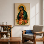 Traditional devotional illustration of Our Lady of Guadalupe standing with hands clasped in prayer, wearing a rose colored gown and a teal mantle covered with gold stars, surrounded by radiant golden rays and supported by a small angel beneath her, rendered in warm antique tones with delicate shading in a classic Mexican Catholic icon style.
