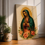 Traditional devotional illustration of Our Lady of Guadalupe standing with hands clasped in prayer, wearing a rose colored gown and a teal mantle covered with gold stars, surrounded by radiant golden rays and supported by a small angel beneath her, rendered in warm antique tones with delicate shading in a classic Mexican Catholic icon style.