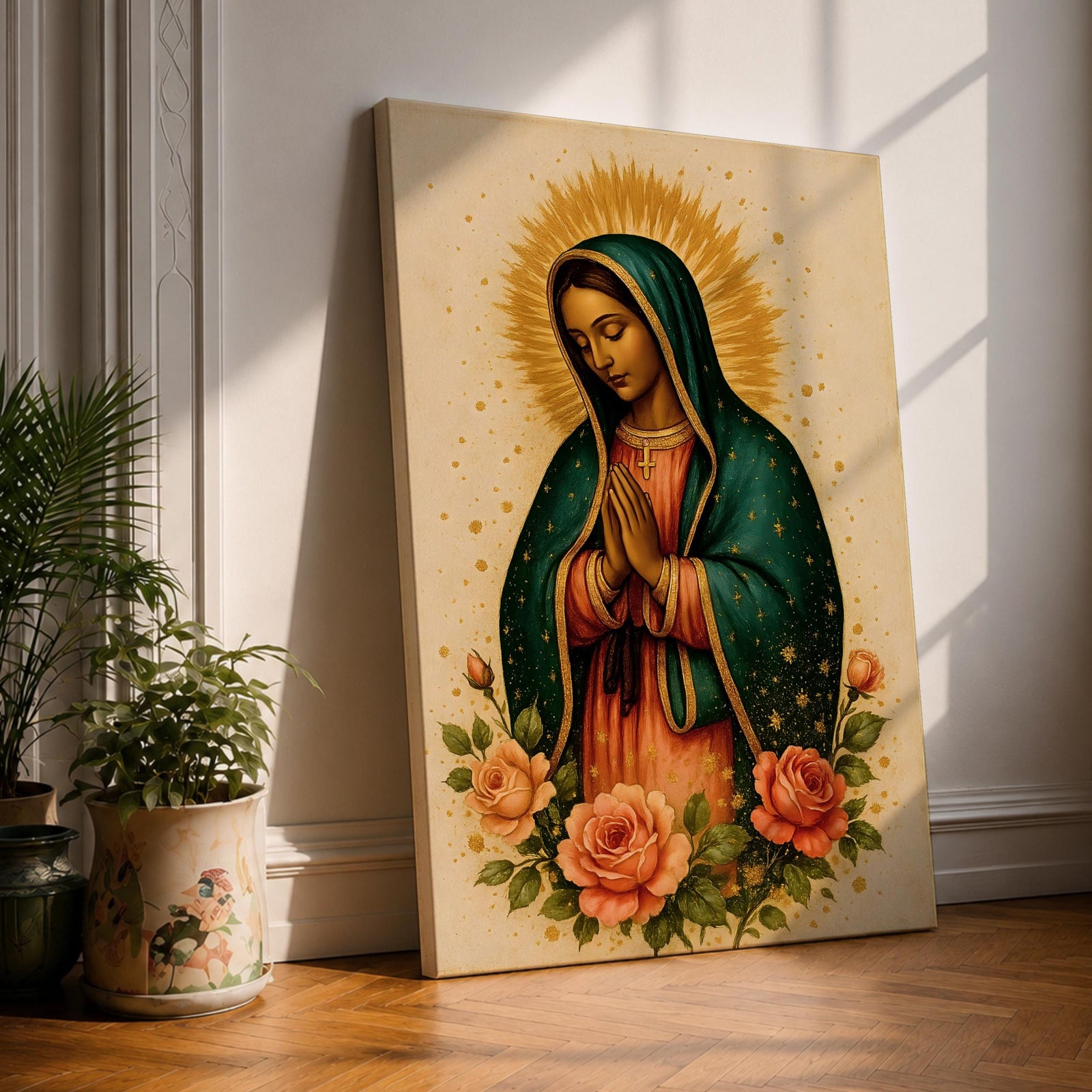 Traditional devotional illustration of Our Lady of Guadalupe standing with hands clasped in prayer, wearing a rose colored gown and a teal mantle covered with gold stars, surrounded by radiant golden rays and supported by a small angel beneath her, rendered in warm antique tones with delicate shading in a classic Mexican Catholic icon style.