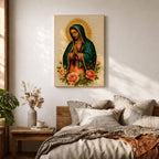 Traditional devotional illustration of Our Lady of Guadalupe standing with hands clasped in prayer, wearing a rose colored gown and a teal mantle covered with gold stars, surrounded by radiant golden rays and supported by a small angel beneath her, rendered in warm antique tones with delicate shading in a classic Mexican Catholic icon style.