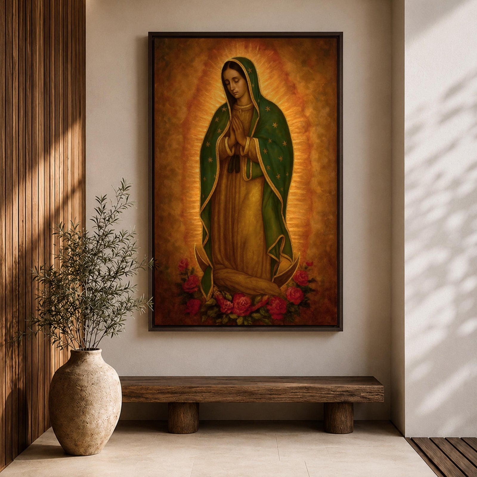 Traditional devotional illustration of the Virgin of Guadalupe standing with hands clasped in prayer, wearing a rose colored gown and a teal mantle covered with gold stars, surrounded by radiant golden rays with a small angel beneath her, rendered in warm antique tones with delicate shading in a classic Mexican Catholic icon style.
