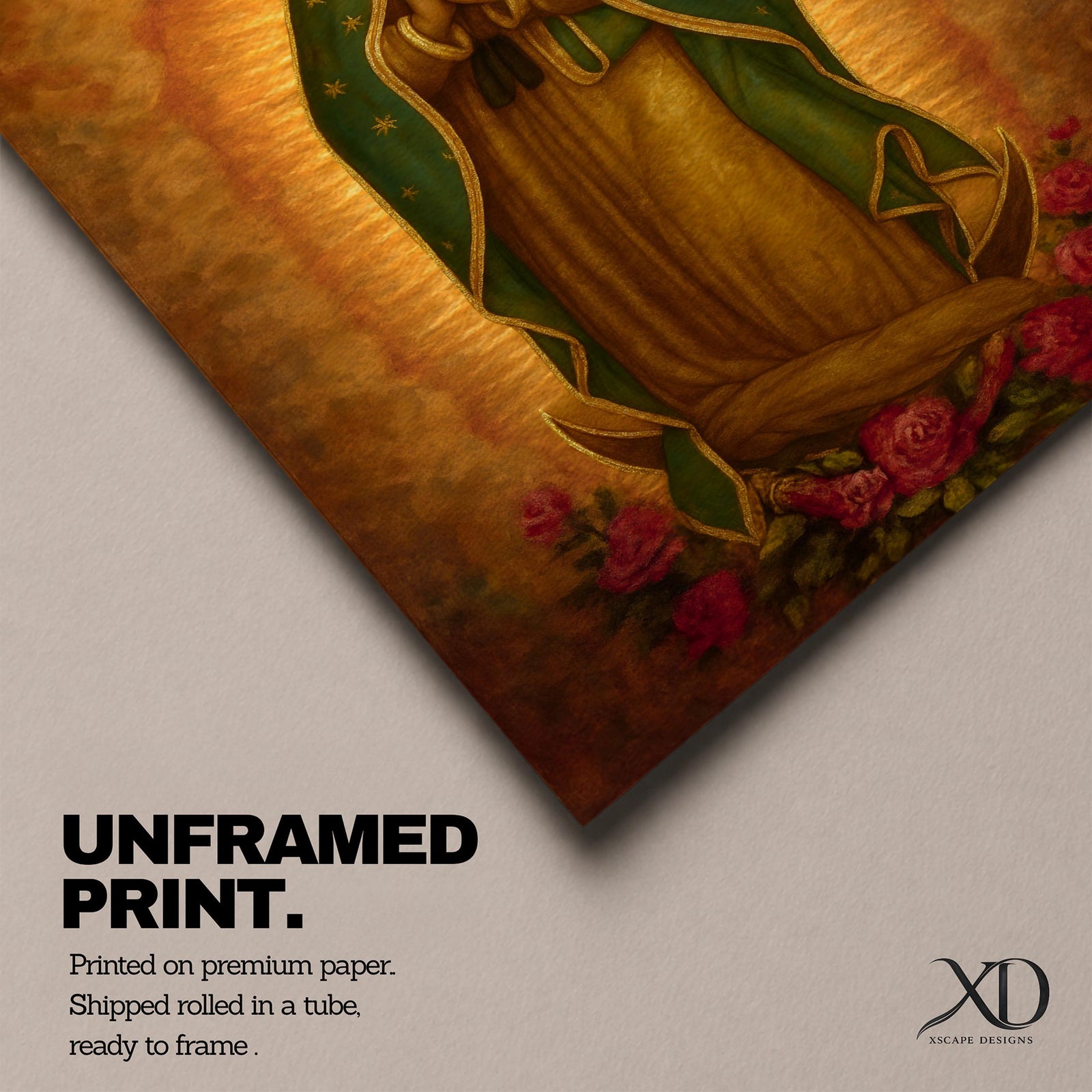 Traditional devotional illustration of the Virgin of Guadalupe standing with hands clasped in prayer, wearing a rose colored gown and a teal mantle covered with gold stars, surrounded by radiant golden rays with a small angel beneath her, rendered in warm antique tones with delicate shading in a classic Mexican Catholic icon style.
