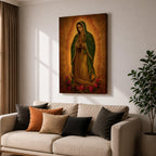 Traditional devotional illustration of the Virgin of Guadalupe standing with hands clasped in prayer, wearing a rose colored gown and a teal mantle covered with gold stars, surrounded by radiant golden rays with a small angel beneath her, rendered in warm antique tones with delicate shading in a classic Mexican Catholic icon style.