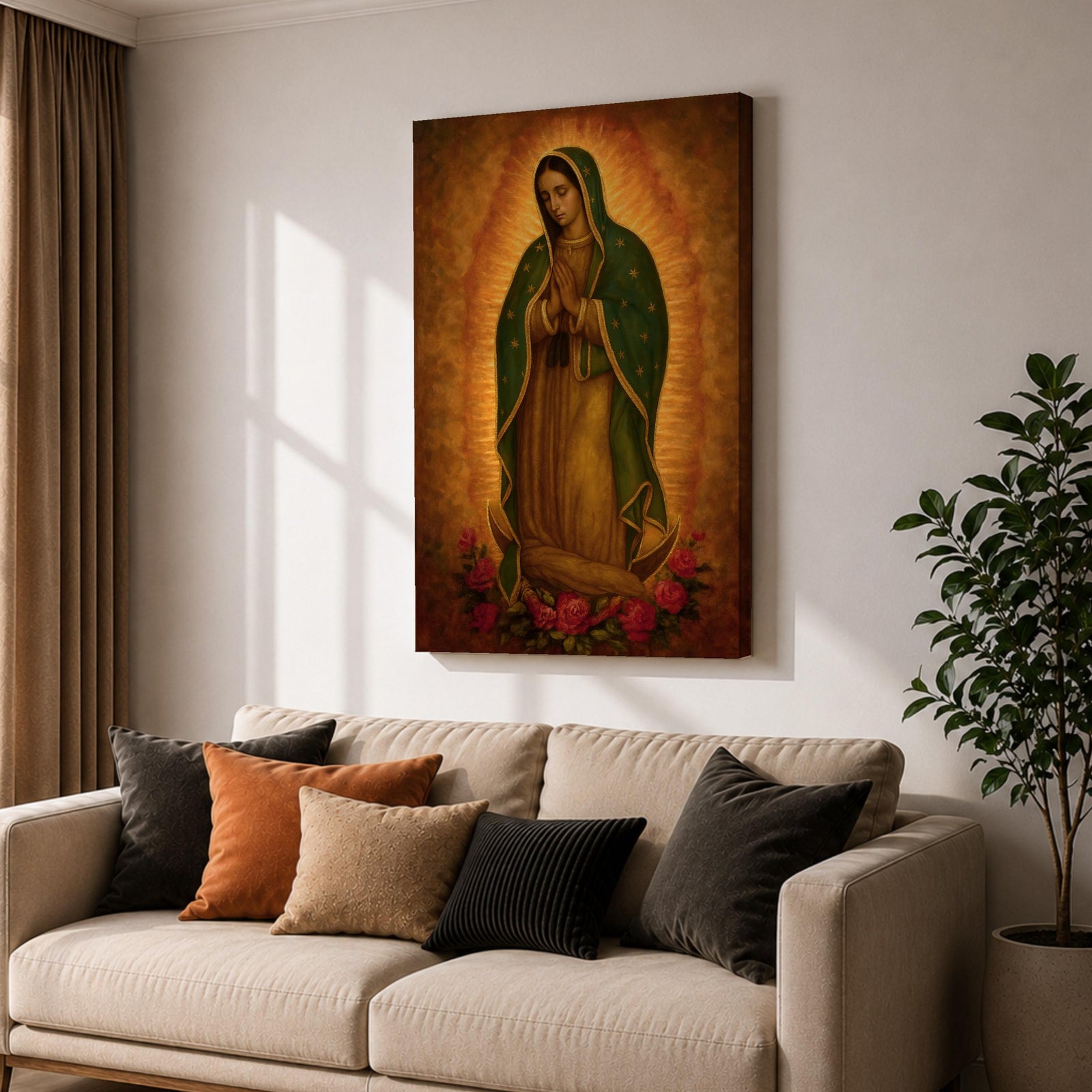 Traditional devotional illustration of the Virgin of Guadalupe standing with hands clasped in prayer, wearing a rose colored gown and a teal mantle covered with gold stars, surrounded by radiant golden rays with a small angel beneath her, rendered in warm antique tones with delicate shading in a classic Mexican Catholic icon style.