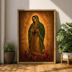 Traditional devotional illustration of the Virgin of Guadalupe standing with hands clasped in prayer, wearing a rose colored gown and a teal mantle covered with gold stars, surrounded by radiant golden rays with a small angel beneath her, rendered in warm antique tones with delicate shading in a classic Mexican Catholic icon style.