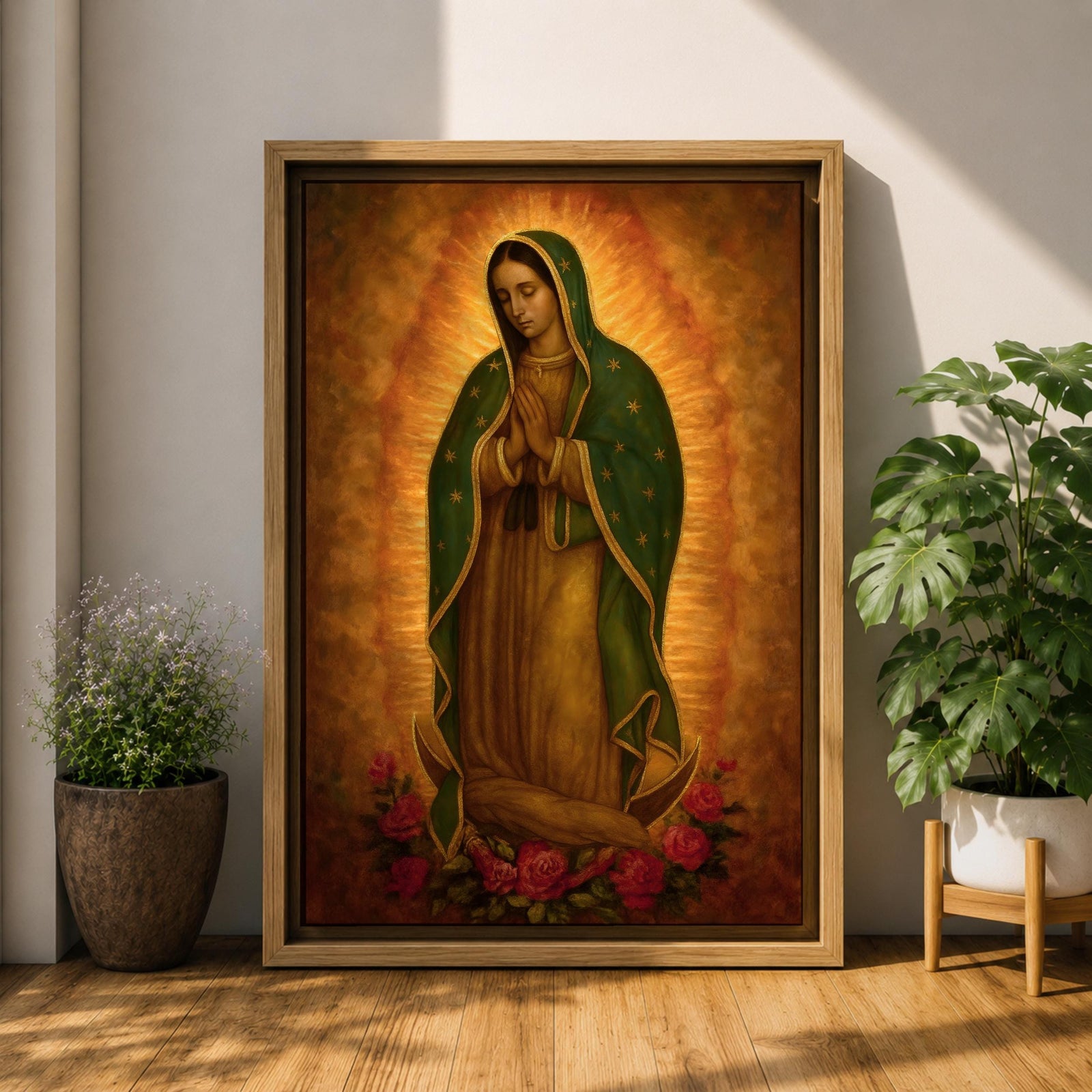 Traditional devotional illustration of the Virgin of Guadalupe standing with hands clasped in prayer, wearing a rose colored gown and a teal mantle covered with gold stars, surrounded by radiant golden rays with a small angel beneath her, rendered in warm antique tones with delicate shading in a classic Mexican Catholic icon style.