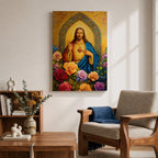 Illustration of Jesus Christ displaying the Sacred Heart glowing from his chest, shown with a calm expression and one hand raised in blessing while the other points toward the radiant heart, surrounded by floral elements and soft light, rendered with clean lines and gentle shading in a modern Christian devotional composition.
