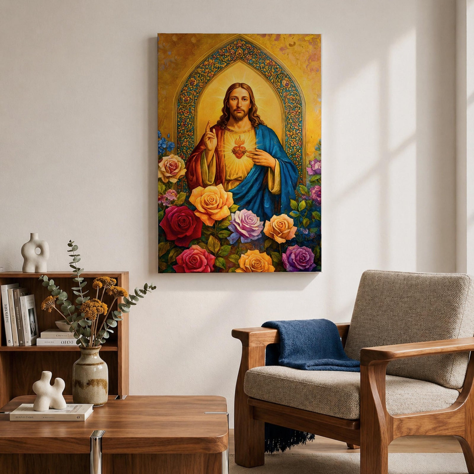 Illustration of Jesus Christ displaying the Sacred Heart glowing from his chest, shown with a calm expression and one hand raised in blessing while the other points toward the radiant heart, surrounded by floral elements and soft light, rendered with clean lines and gentle shading in a modern Christian devotional composition.