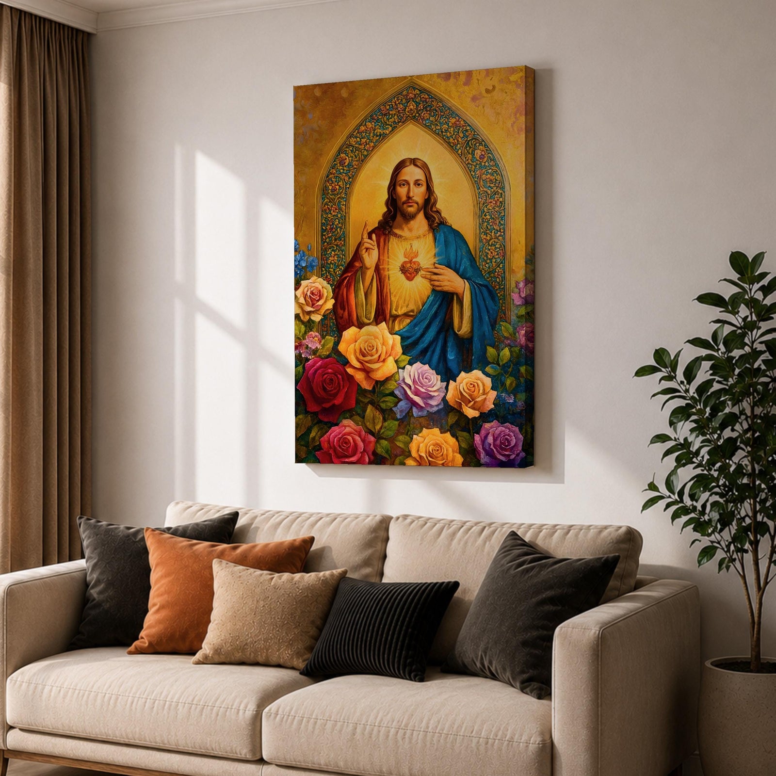 Illustration of Jesus Christ displaying the Sacred Heart glowing from his chest, shown with a calm expression and one hand raised in blessing while the other points toward the radiant heart, surrounded by floral elements and soft light, rendered with clean lines and gentle shading in a modern Christian devotional composition.