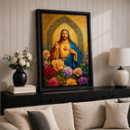 Illustration of Jesus Christ displaying the Sacred Heart glowing from his chest, shown with a calm expression and one hand raised in blessing while the other points toward the radiant heart, surrounded by floral elements and soft light, rendered with clean lines and gentle shading in a modern Christian devotional composition.