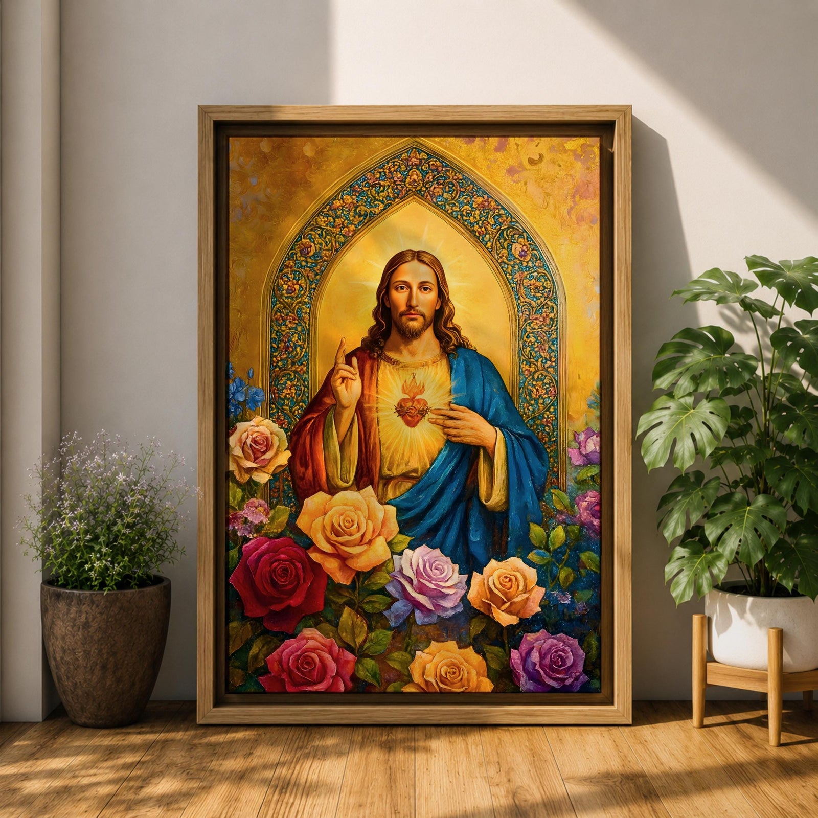 Illustration of Jesus Christ displaying the Sacred Heart glowing from his chest, shown with a calm expression and one hand raised in blessing while the other points toward the radiant heart, surrounded by floral elements and soft light, rendered with clean lines and gentle shading in a modern Christian devotional composition.