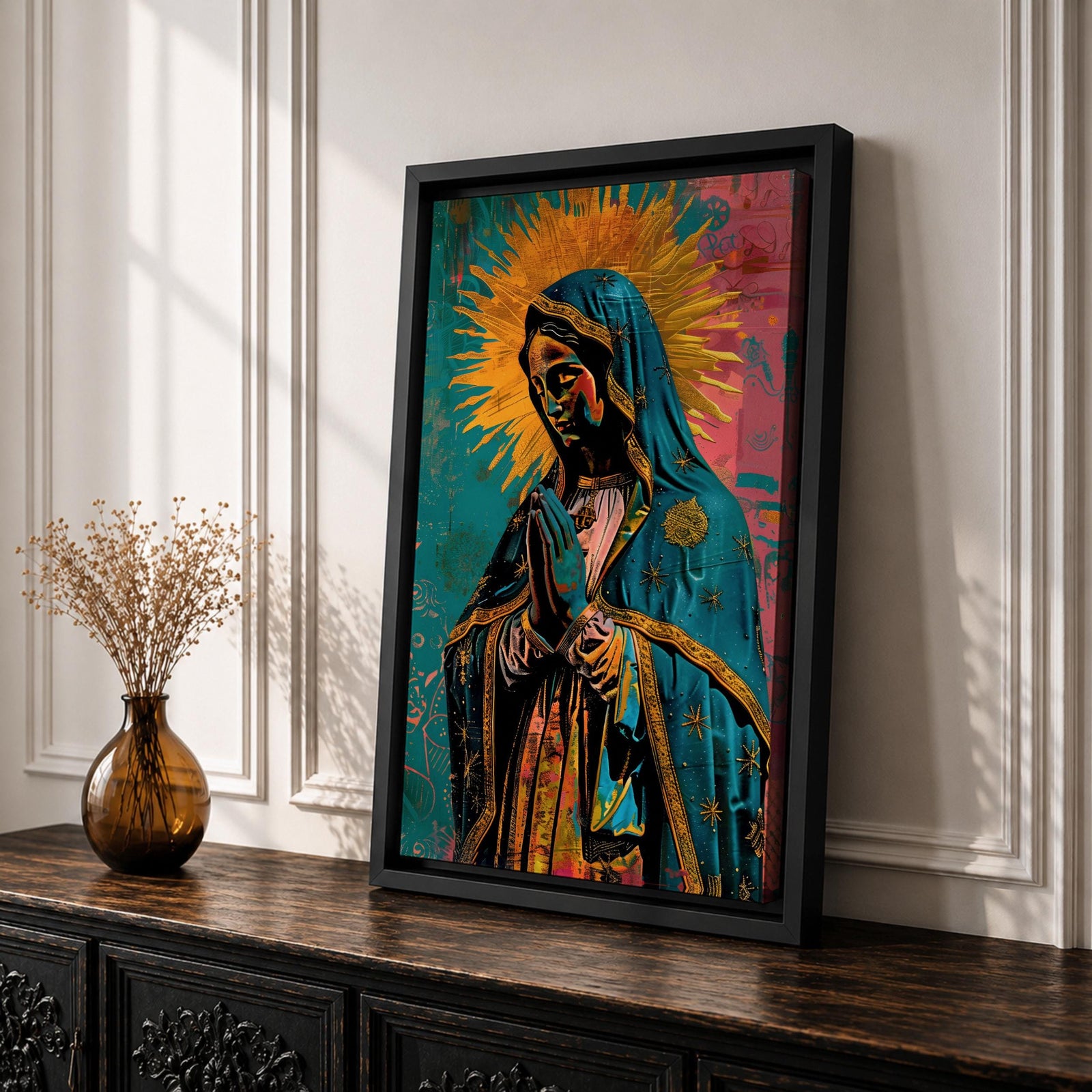 La Virgen Morena Wall Art Virgin of Guadalupe Framed Canvas Mexican Catholic Religious Decor